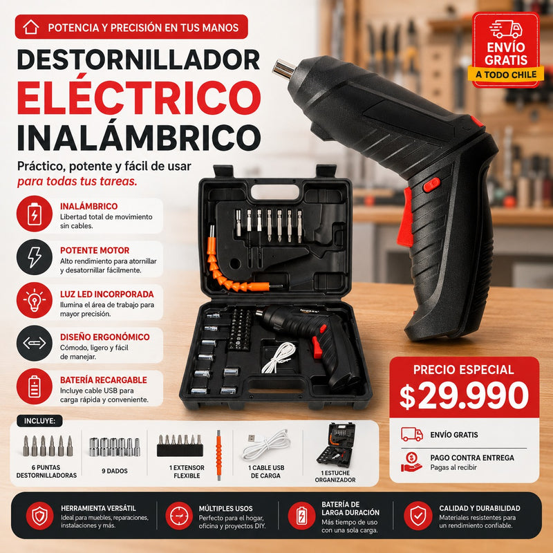 Combo Destornillador Eléctrico Inalámbrico + Set de Raches 160 pzs