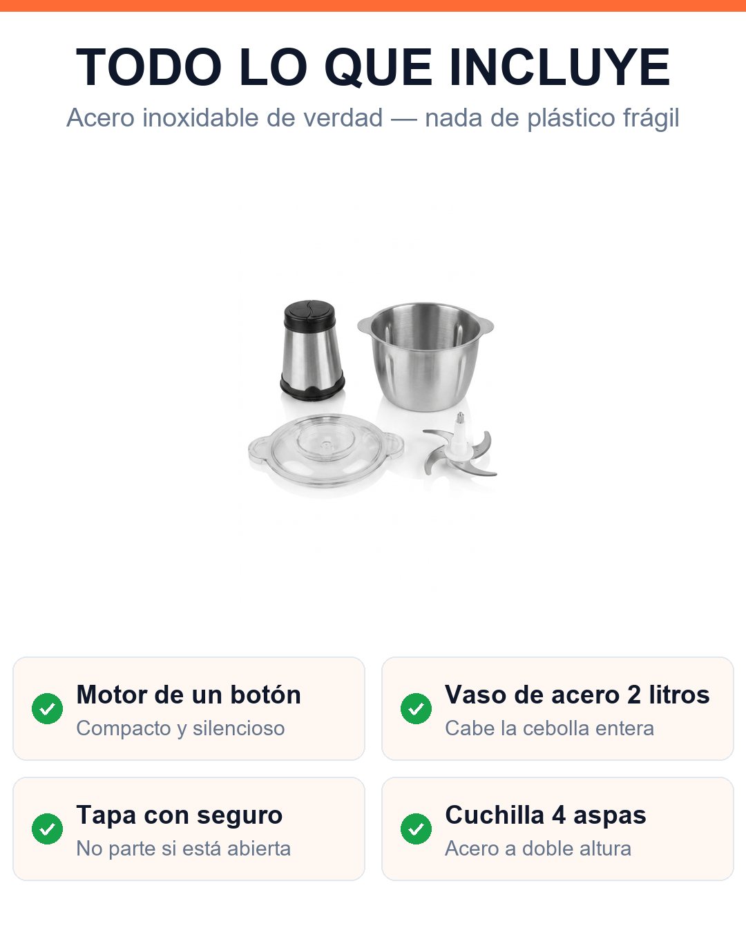 Todo lo que incluye: motor, vaso de acero 2L, tapa con seguro y cuchilla de 4 aspas
